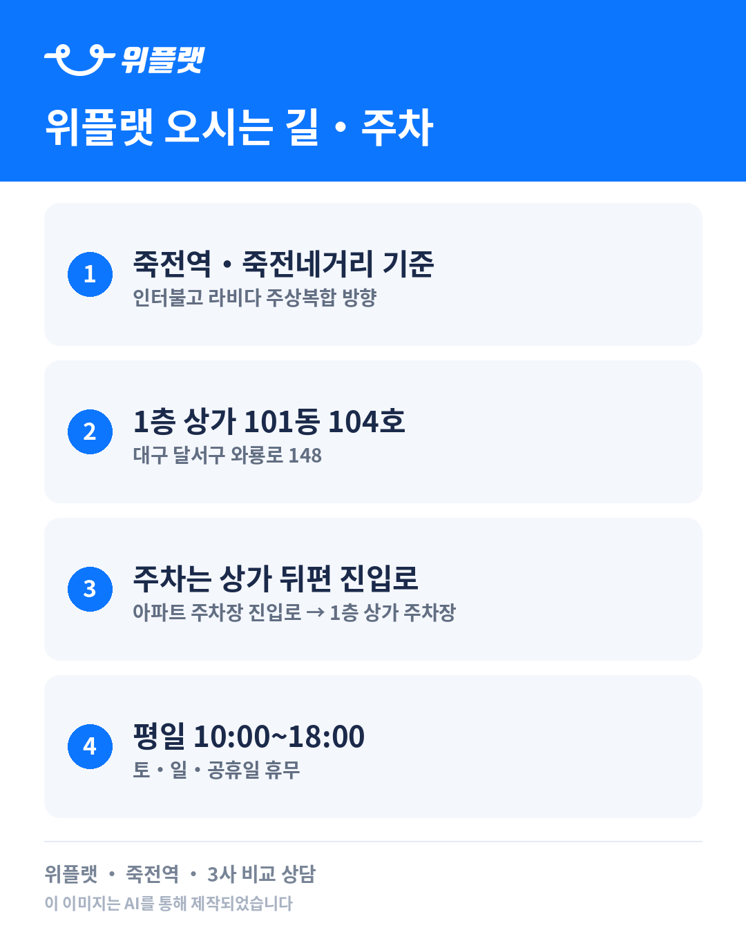 죽전역·죽전네거리 기준 위치와 상가 뒤편 주차 진입로 안내 카드