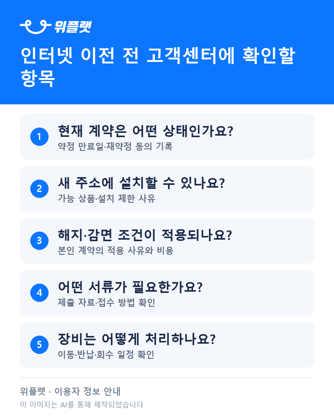 인터넷 이전 전 고객센터에 확인할 항목 카드 — 이 이미지는 AI를 통해 제작되었습니다