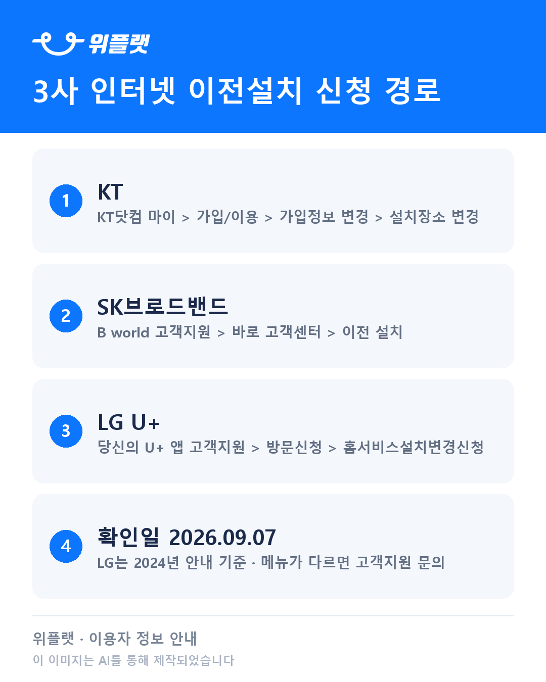 KT SK브로드밴드 LG U+ 인터넷 이전설치 신청 경로 카드